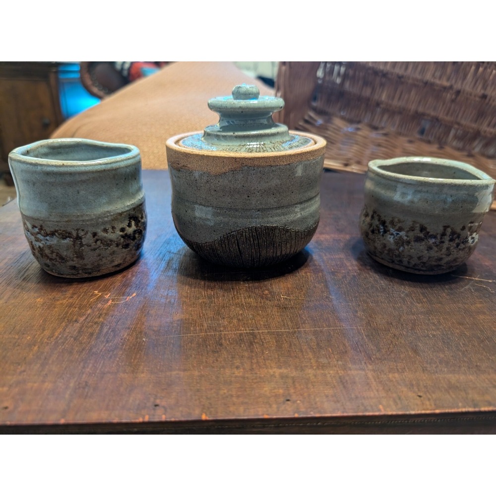 Hobbiest Pottery 3-piece Blue & Brown Glazed Trinket Bowls & Lidded Jar Planter